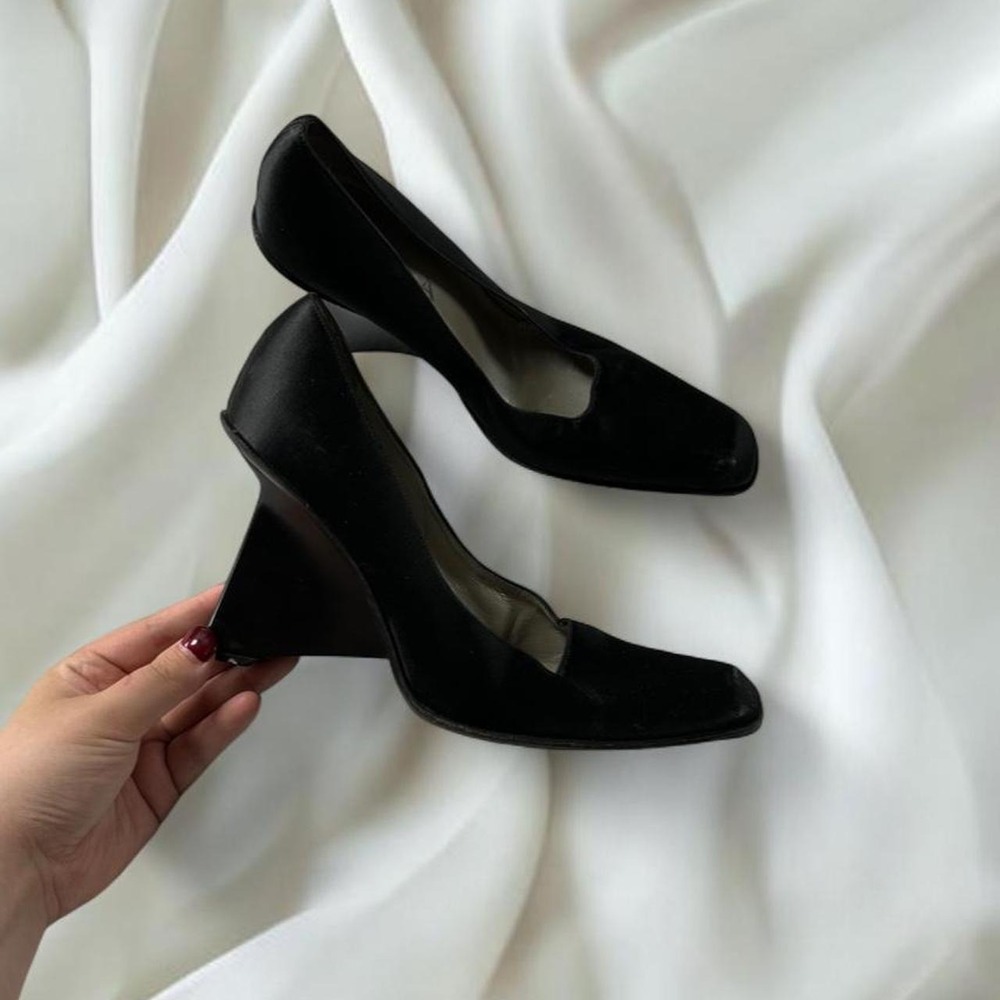 Prada 1998 Architectural black wedge satin square toe heels y2k euro designer